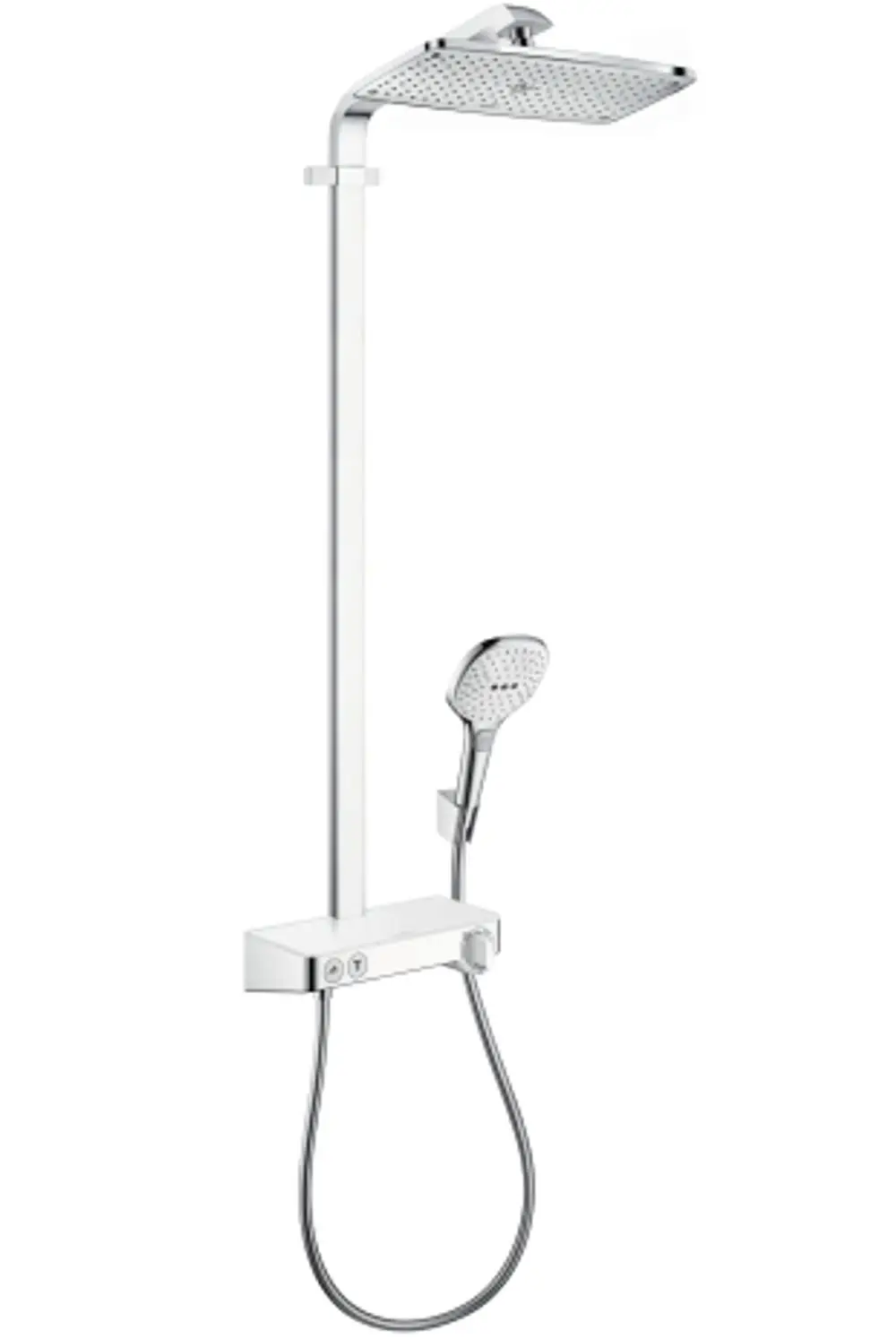 Weißer Duschsystem von Hansgrohe mit overhead Regenbrause und Handbrause, verbunden durch eine flexible Schlauchleitung und Steuerungseinheit.